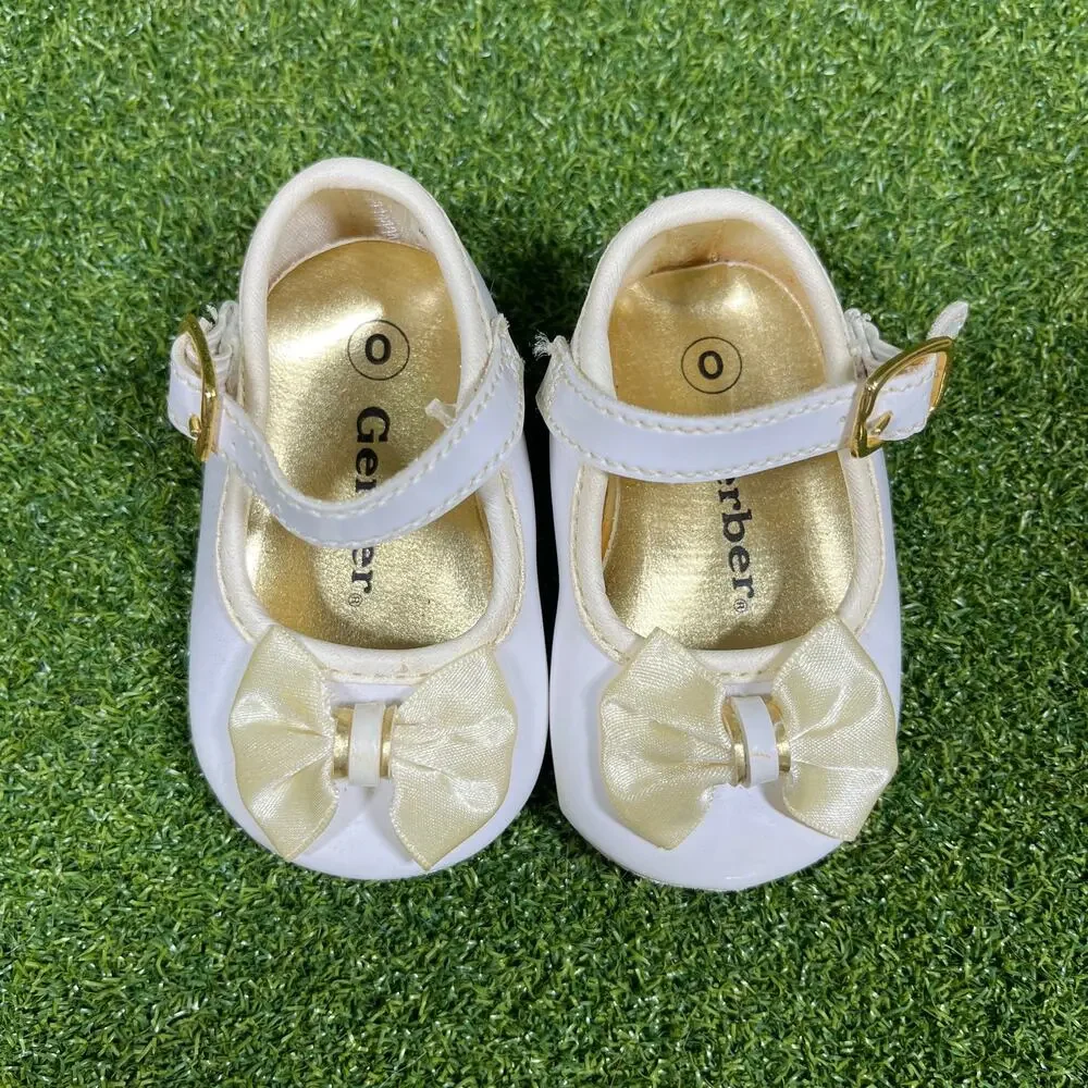 Gerber Newborn Girl White Gold Bow Dress Shoes